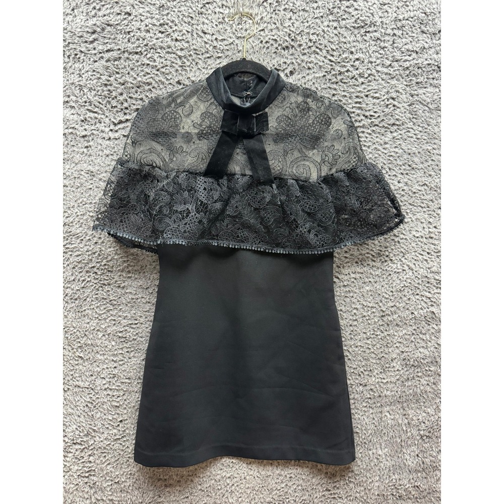 Self-Portrait Lace & Bow Accent Mock Neck Mini Shift Dress Black Womens Size 6